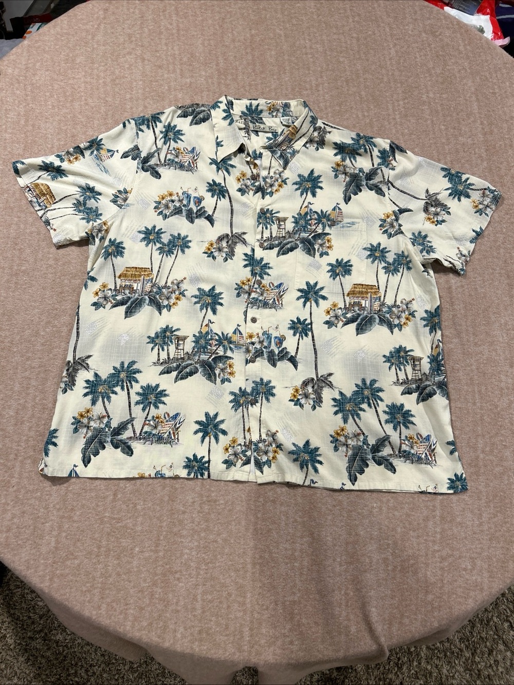 Batek Bay Casual Cream Hawaiian Button-Down Shirt with Teal Palm Print